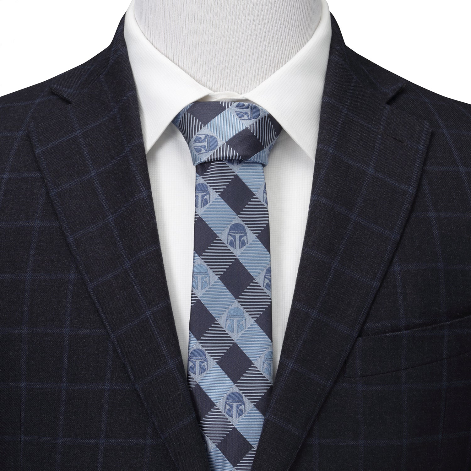 Star Wars Mando Helmet Plaid Check Blue Mens Tie Image 2