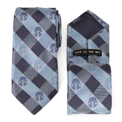 Star Wars Mando Helmet Check Blue Mens Tie Image 1