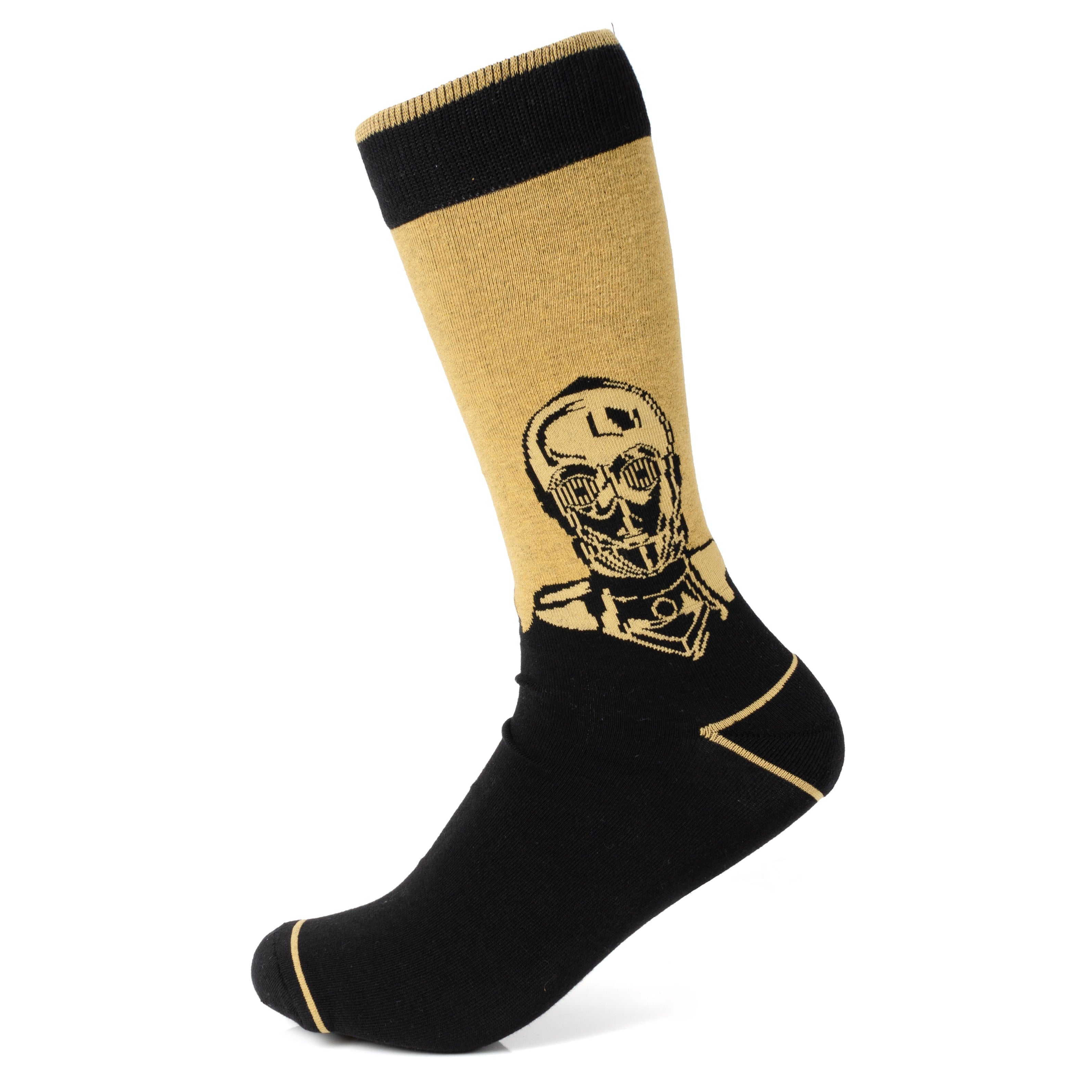 Celebrate the iconic droid duo with the R2D2 and C3PO Black Gift Set. This charming set includes a pair of black and yellow socks featuring the beloved C3PO, along with our R2D2 Lapel Pin. Perfect for the Star Wars fan who cherishes these classic characters, these accessories add a touch of nostalgic elegance to any outfit. Showcase your love for the galaxy's favorite droids with every step and detail. Image 2