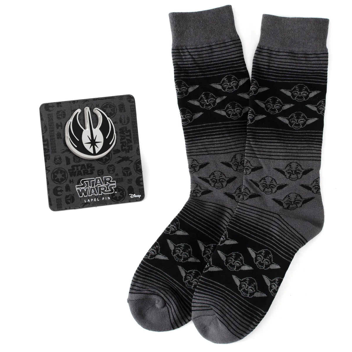 Star Wars Yoda Black Charcoal Dress Socks and Jedi Crest Lapel Pin Gift Set Image 1