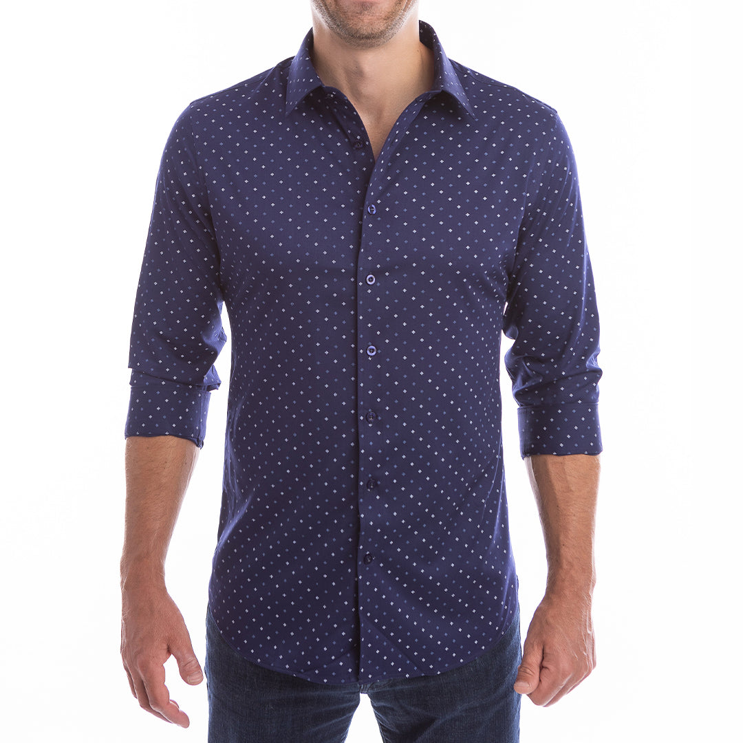 goTIELESS Ultimate Dress Shirt (Navy Four-Petal Microprint)