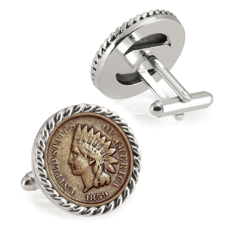 1859 First-Year-of-Issue Indian Head Penny Silvertone Rope Bezel Coin Cuff Links Image 2