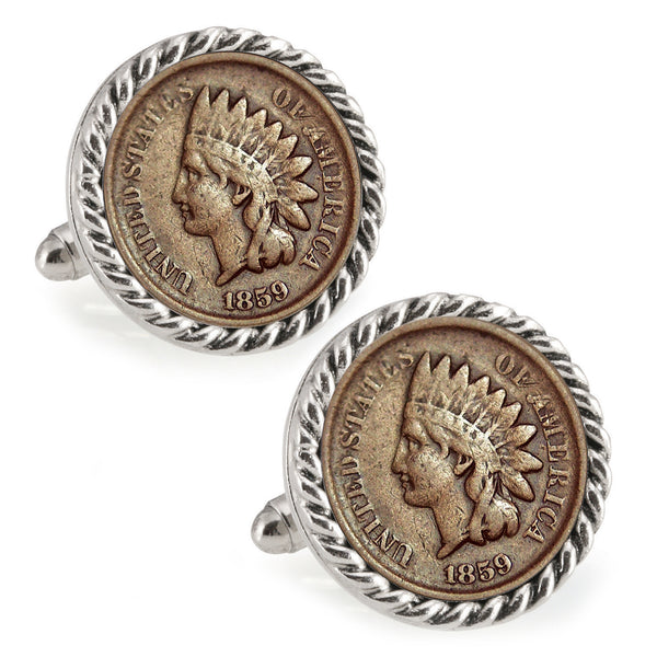 1859 First-Year-of-Issue Indian Head Penny Silvertone Rope Bezel Coin Cuff Links Image 1