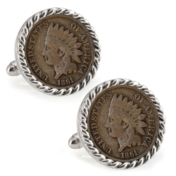 Civil War Indian Head Penny Silvertone Rope Bezel Coin Cuff Links Image 1