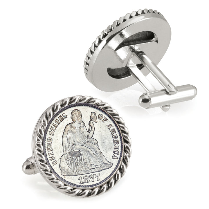 Seated Liberty Silver Dime Silvertone Rope Bezel Coin Cuff Links Image 2