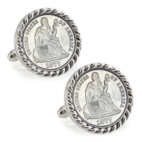 Seated Liberty Silver Dime Silvertone Rope Bezel Coin Cuff Links Image 1