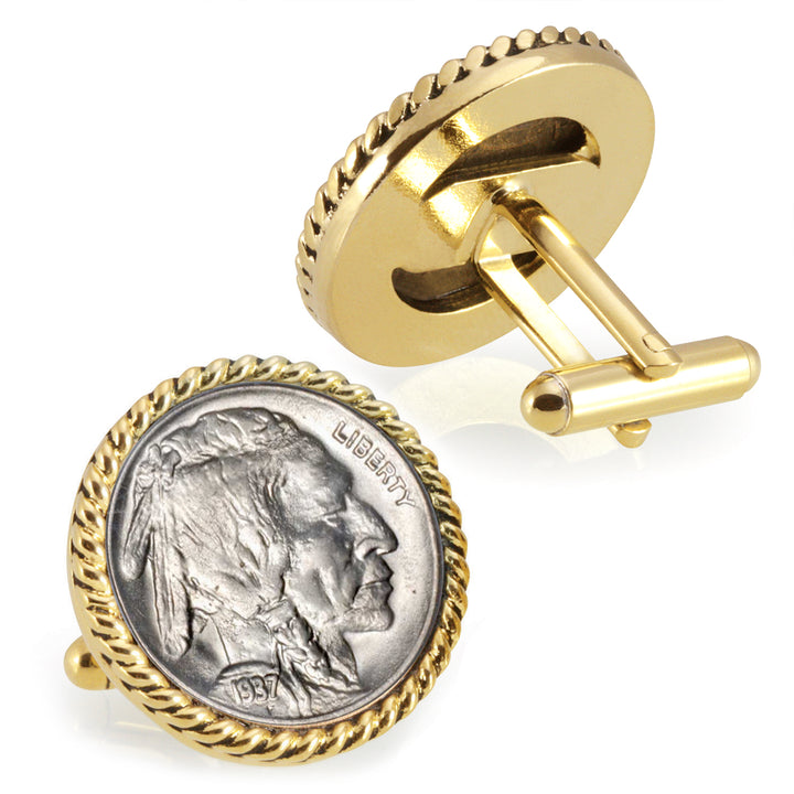 Buffalo Nickel Goldtone Rope Bezel Coin Cuff Links Image 2
