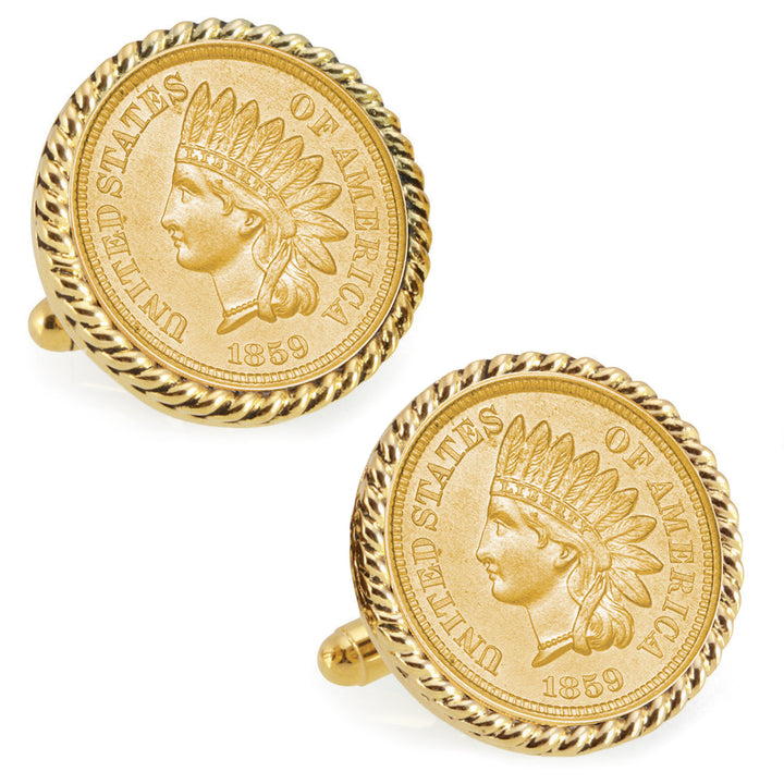 Gold-Layered 1859 First-Year-of-Issue Indian Head Penny Goldtone Rope Bezel Coin Cufflinks Image 1