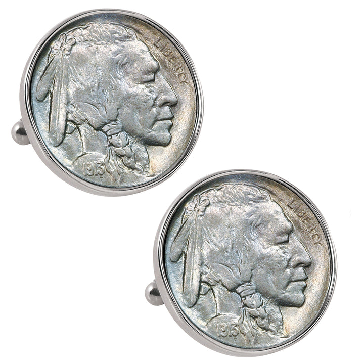 1913 First-Year-of-Issue Buffalo Nickel Silvertone Bezel Coin Cufflinks Image 1