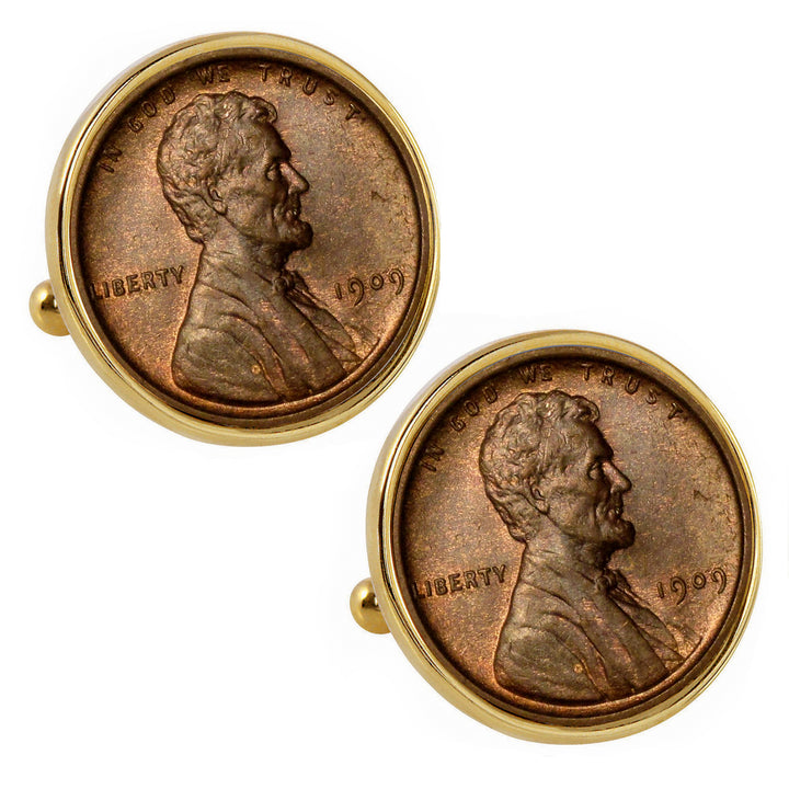 1909 First-Year-of-Issue Lincoln Penny Goldtone Bezel Coin Cufflinks Image 1