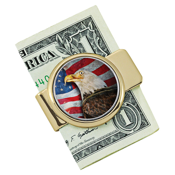 American Bald Eagle Colorized JFK Half Dollar Goldtone Money Clip Image 1