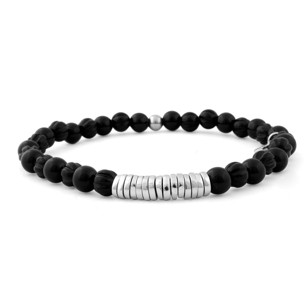 Black Agate Bead Bracelet with Silver Discs Image 1