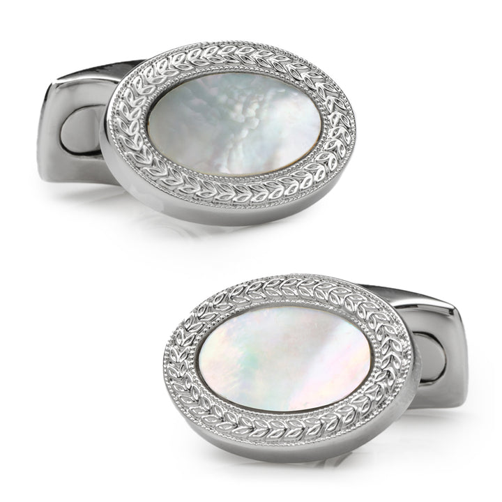 Classic White Rhodium & Mother of Pearl Oval Cufflinks Image 1