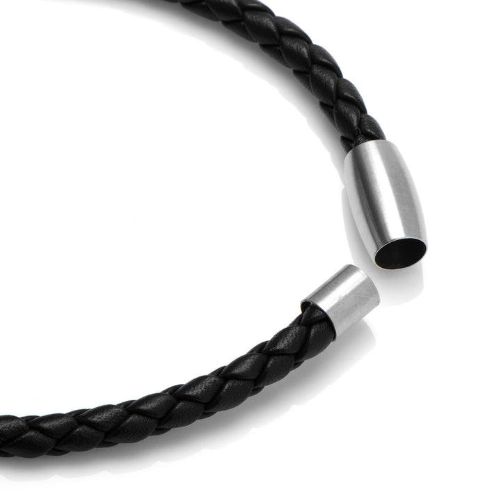 Black Woven Leather Bracelet with Magnetic Closure (21mm Length) Image 2