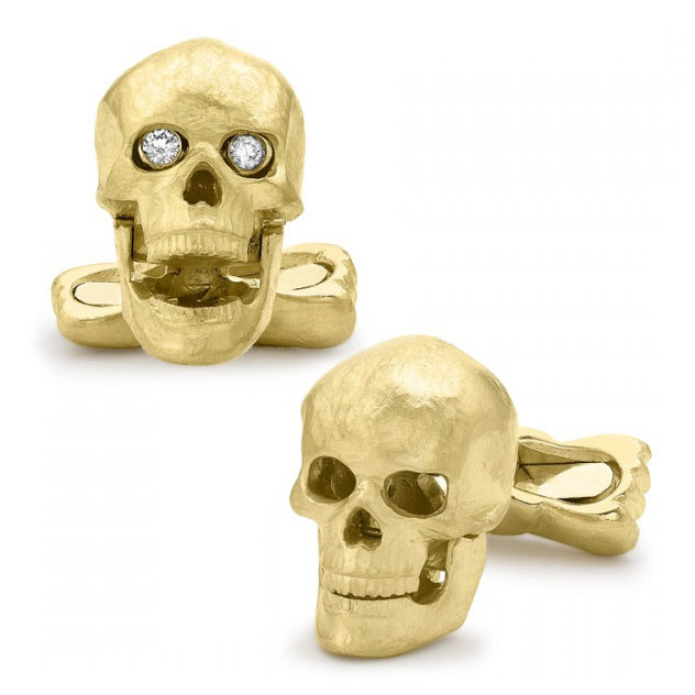 18K Yellow Gold Skull Cufflinks with Popping Diamond Eyes Image 2
