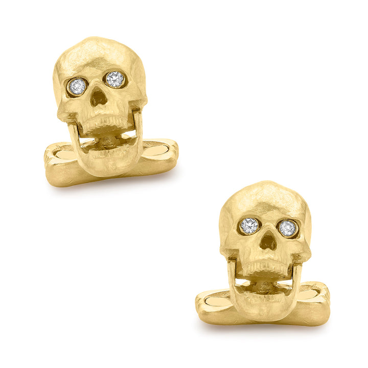 18K Yellow Gold Skull Cufflinks with Popping Diamond Eyes Image 1