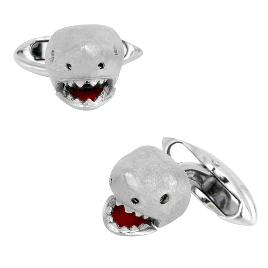 18K White Gold Shark Cufflinks with Moving Jaw & Diamond Eyes Image 1