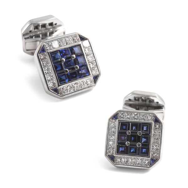 18K White Gold Square Cufflinks with Diamonds & Sapphires Image 1