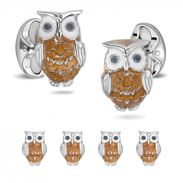 Sterling Silver Brown Owl Enamel Cufflinks and Stud Set Image 1