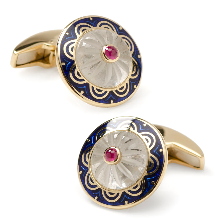 18ct Yellow Gold Round Cufflinks with Ruby Center Image 7
