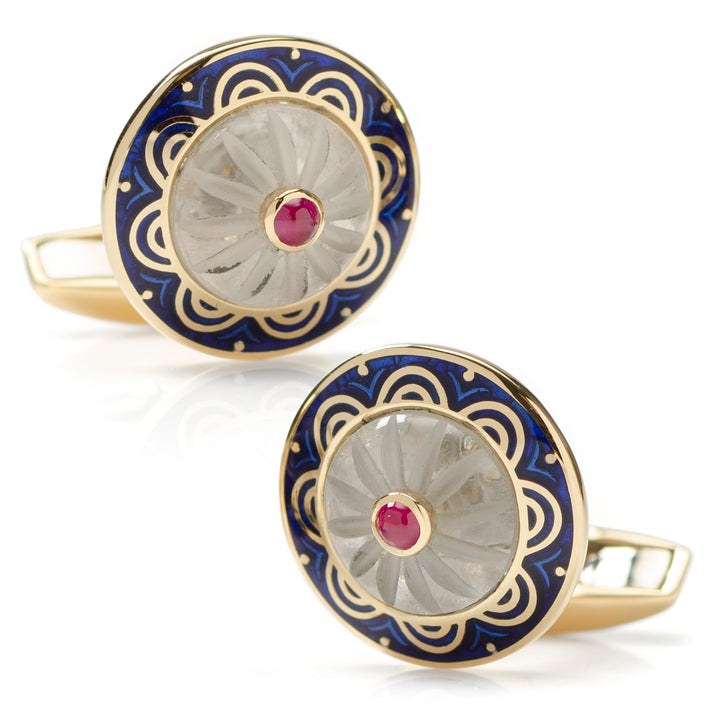 18ct Yellow Gold Round Cufflinks with Ruby Center Image 1