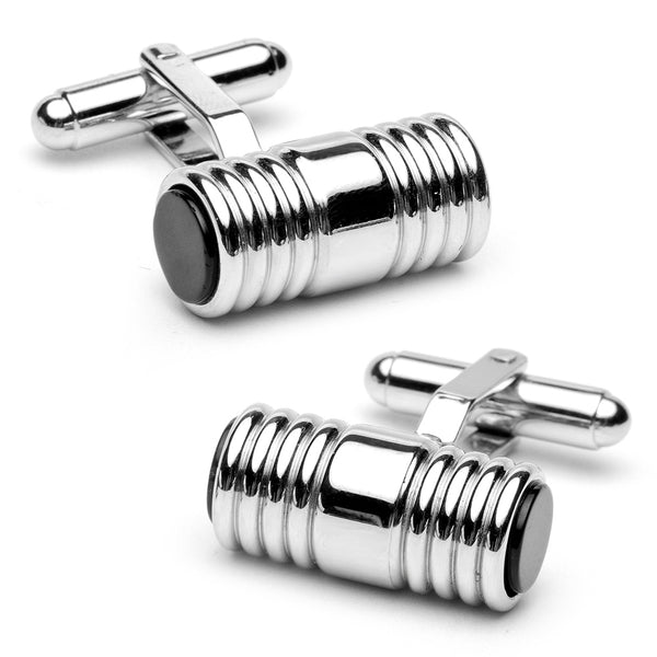 Silver and Onyx Ribbed Tube Cufflinks Image 1