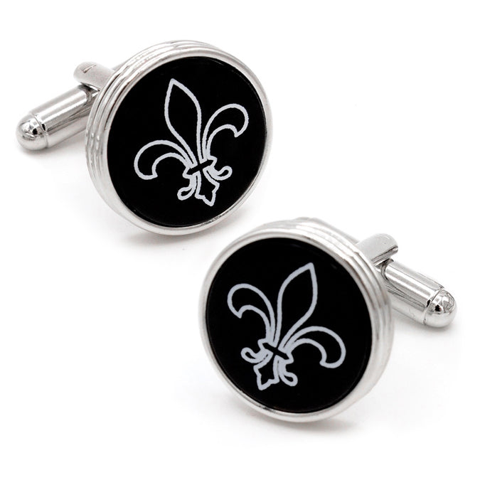 Fleur de Lis Engraved Onyx Silver Cufflinks Image 1