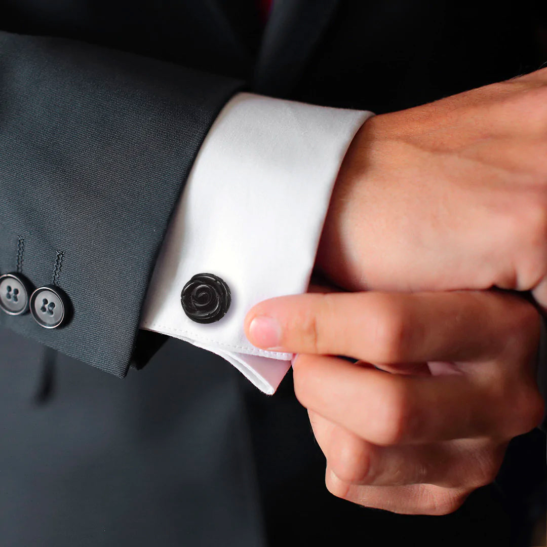 Sterling Silver Carved Rose Black Onyx Cufflinks Image 2