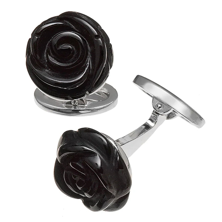 Sterling Silver Carved Rose Black Onyx Cufflinks Image 1