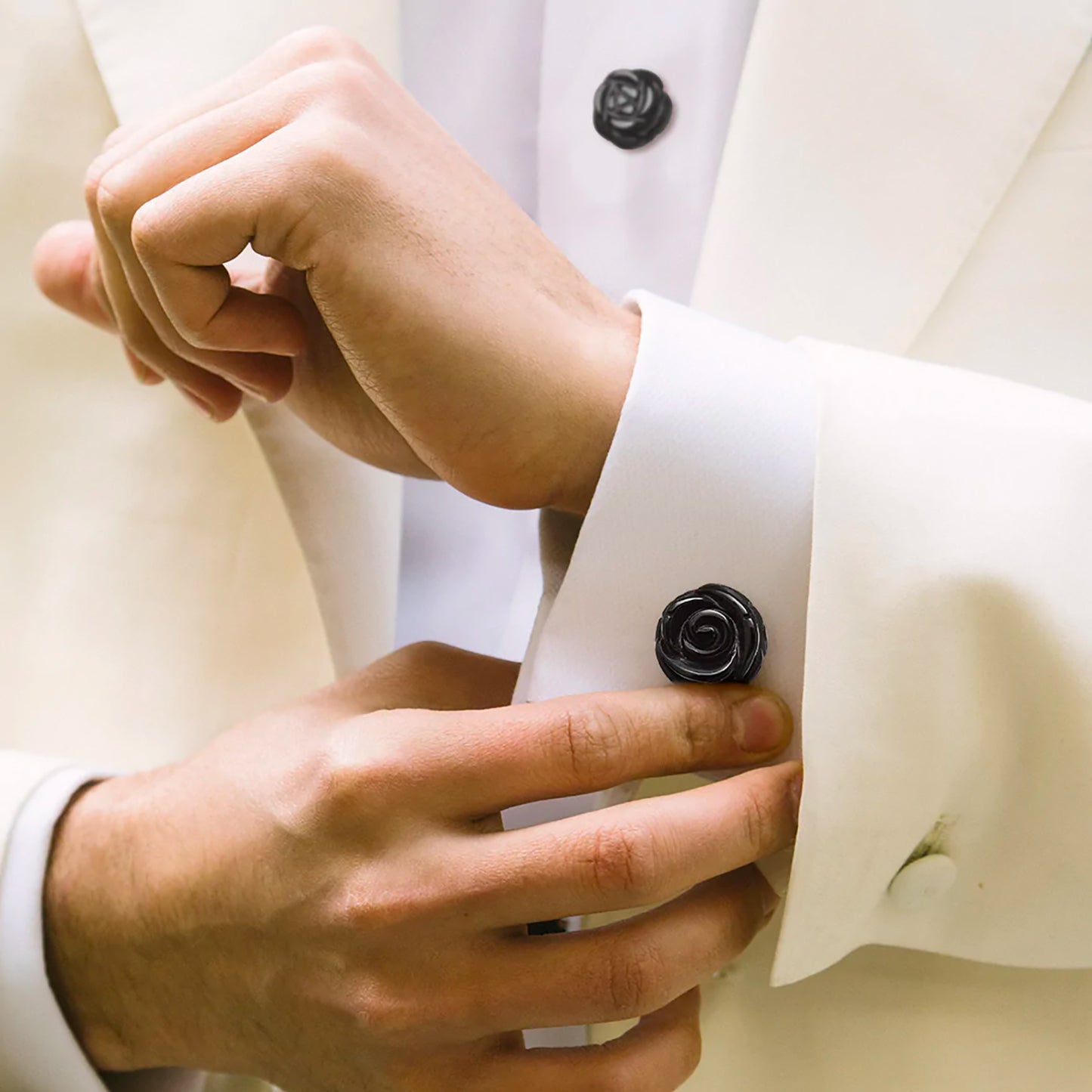 Onyx Rivet Etch Detail Sterling Silver Cufflinks Stud Set Image 2