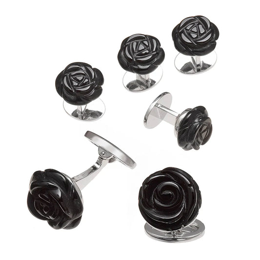 Onyx Rivet Etch Detail Sterling Silver Cufflinks Stud Set Image 1