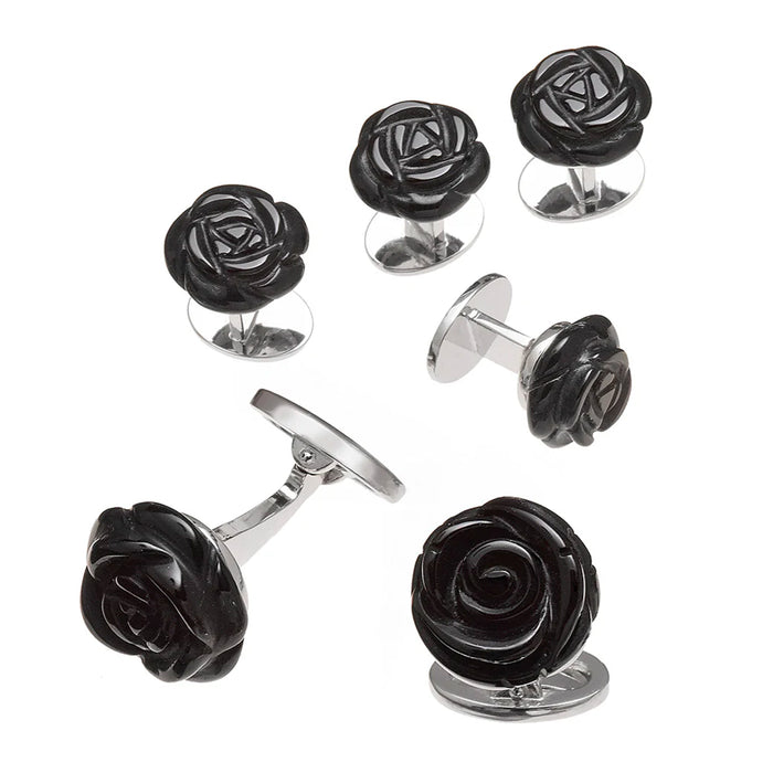 Sterling Silver Carved Rose Black Onyx Stud Set