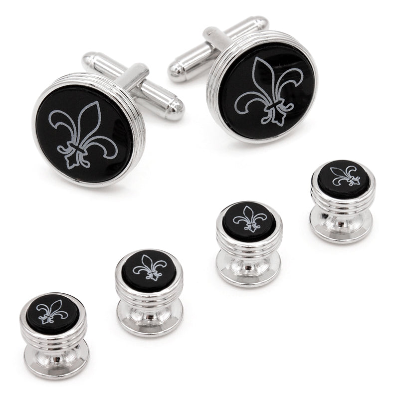 Fleur de Lis Engraved Onyx Silver Stud Set Image 1