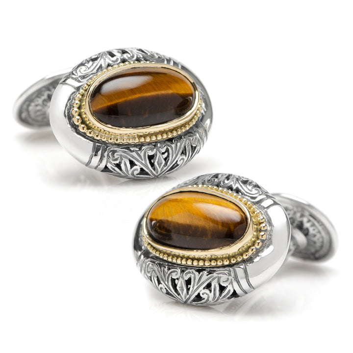 Sterling Silver and 18k Gold Tiger Eye Oval Cufflinks Image 1