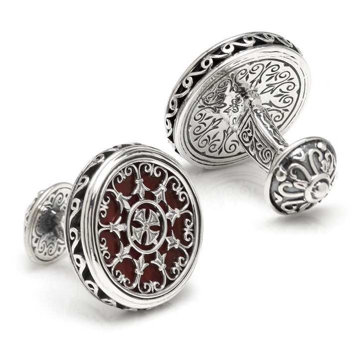 Sterling Round Scroll with Carnelian Stone Cufflinks Image 2