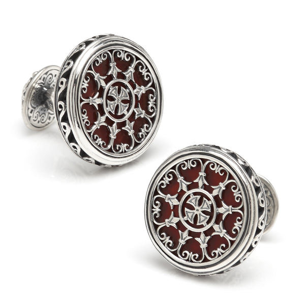 Sterling Round Scroll with Carnelian Stone Cufflinks Image 1