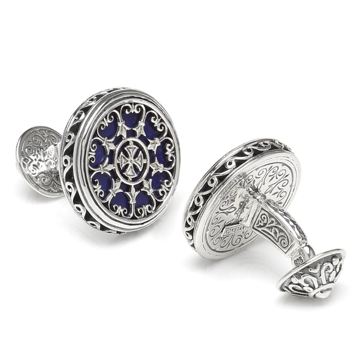 Sterling Round Scroll with Lapis Stone Cufflinks Image 2