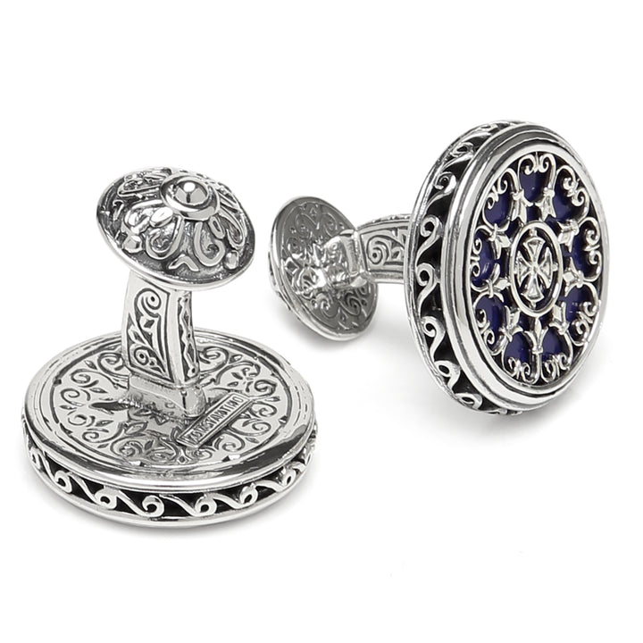 Sterling Round Scroll with Lapis Stone Cufflinks Image 3
