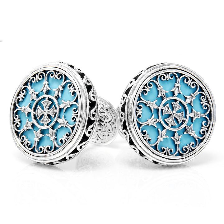 Sterling Round Scroll with Turquoise Stone Cufflinks Image 2