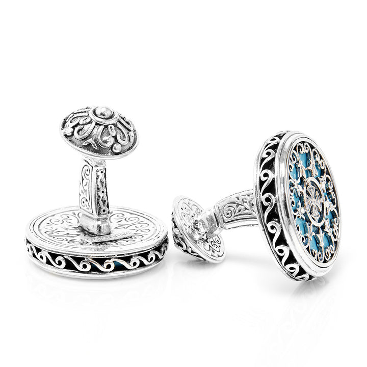 Sterling Round Scroll with Turquoise Stone Cufflinks Image 3