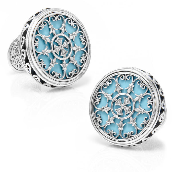 Sterling Round Scroll with Turquoise Stone Cufflinks Image 1