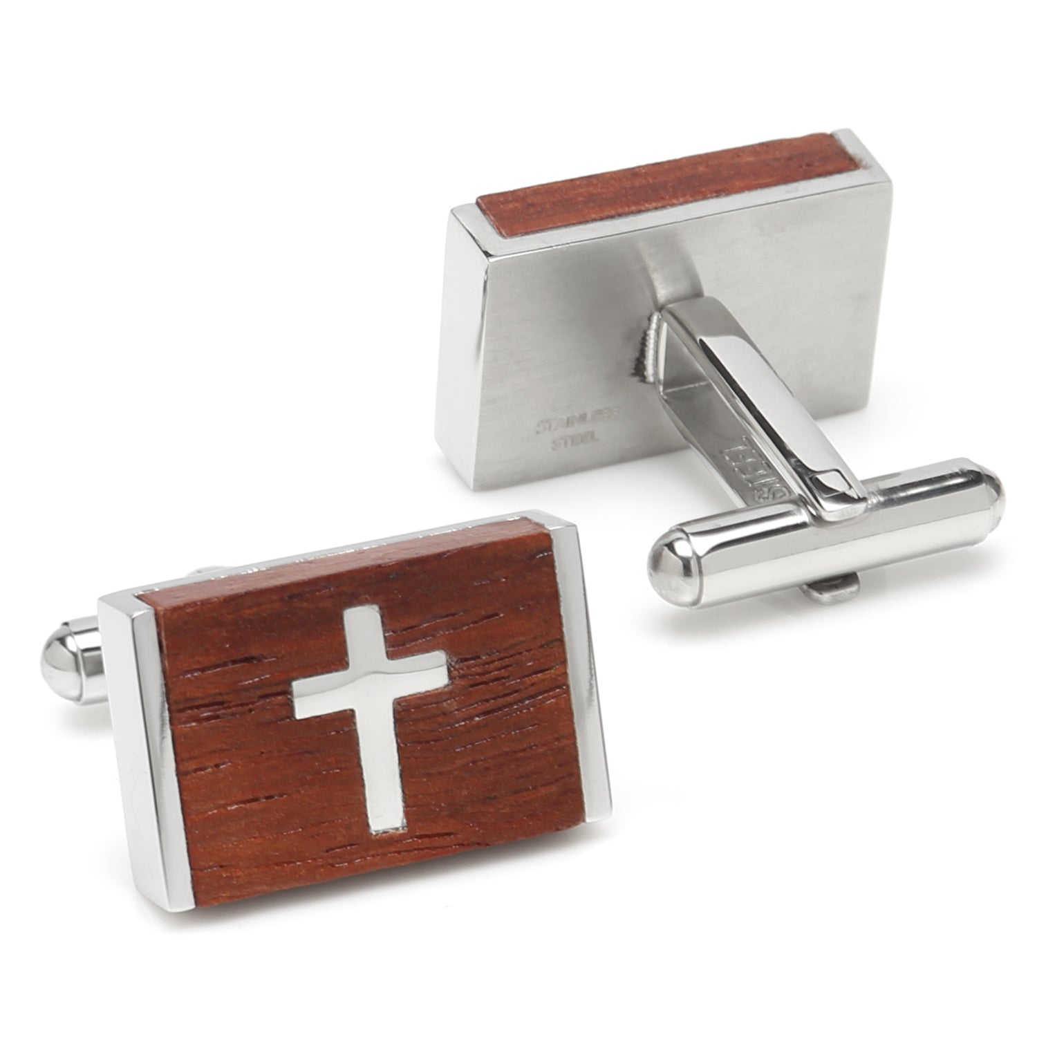 Wood Cross Stainless Steel Cufflinks Image 2