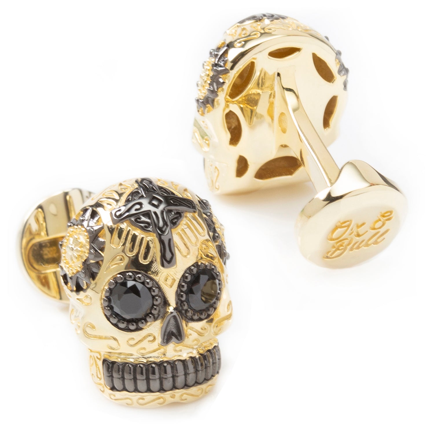 Gold and Black Day of the Dead Skull Cufflinks with CZ Stones Image 2