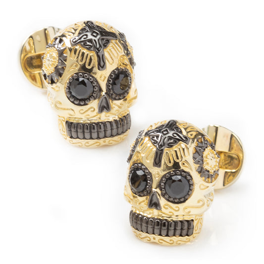 Gold and Black Day of the Dead Skull Cufflinks with CZ Stones Image 1