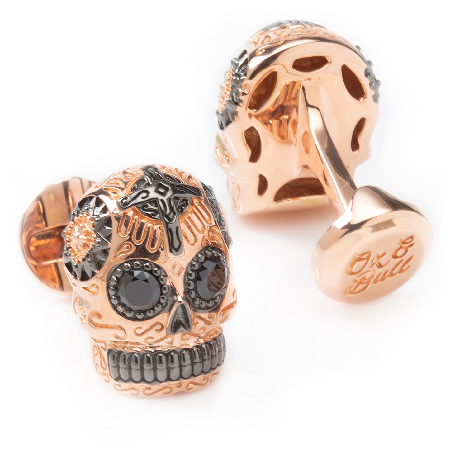 Rose Gold and Black PVD Day of dead skull cufflinks with CZ stones. Image 2