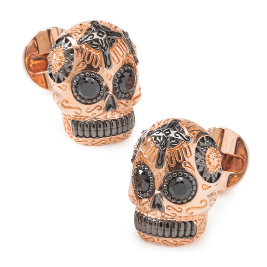 Rose Gold and Black PVD Day of dead skull cufflinks with CZ stones. Image 1