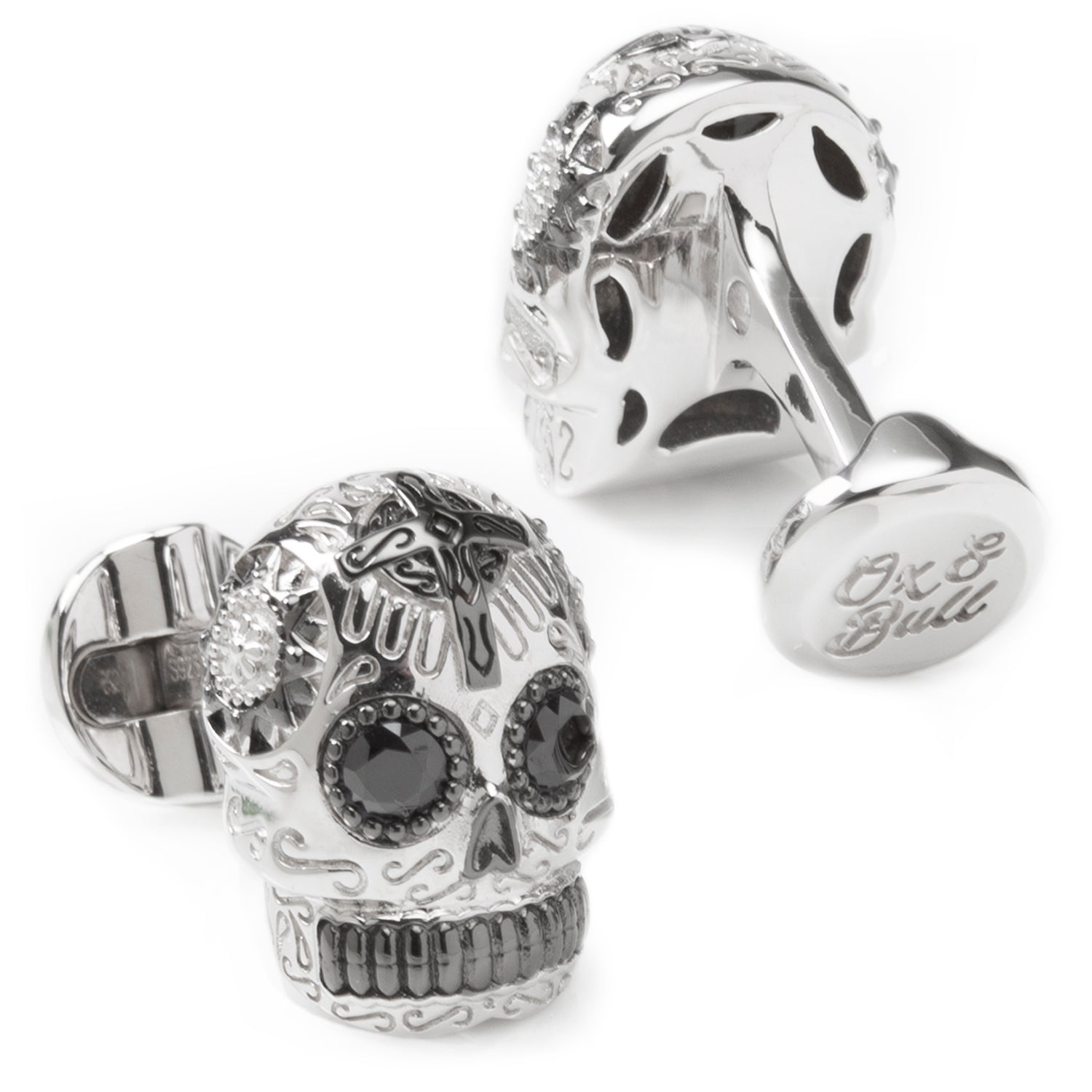 Silver and Black PVD plated Day of the Dead Skull Cufflinks with CZ stone EYES Image 2