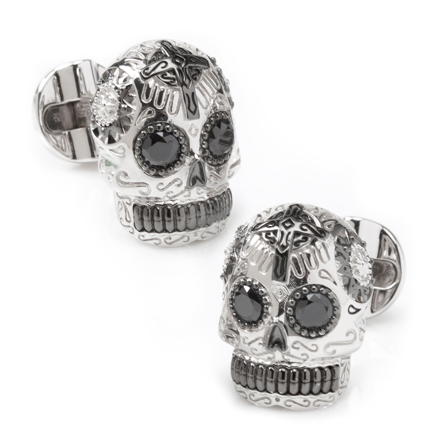 Silver and Black PVD plated Day of the Dead Skull Cufflinks with CZ stone EYES Image 1